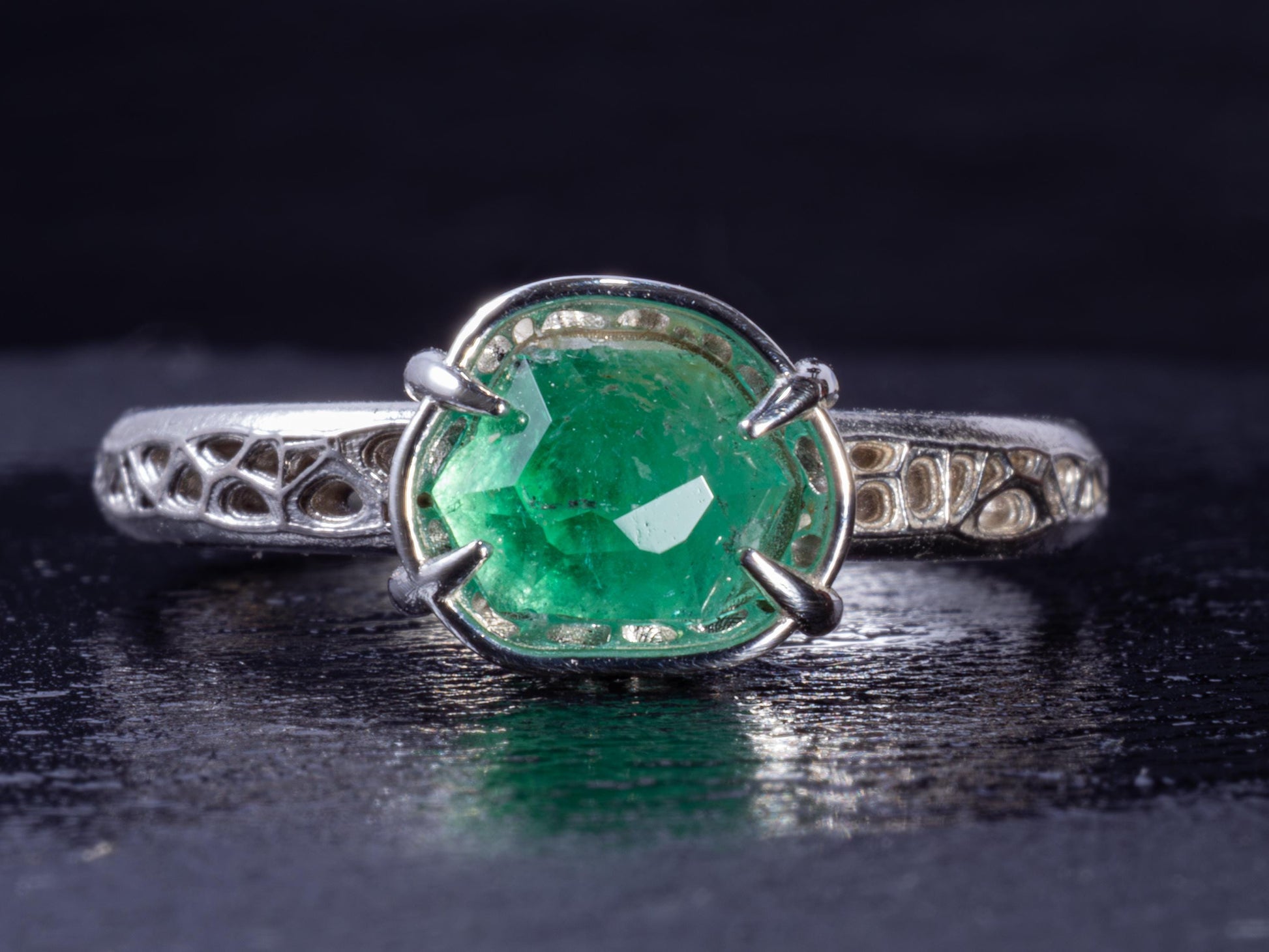Natural Emerald Ring in Sterling Silver, Hand Cut Gemstone Ring, One of a Kind, Lattice Band, Size 7.5 