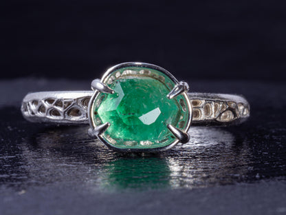 Natural Emerald Ring in Sterling Silver, Hand Cut Gemstone Ring, One of a Kind, Lattice Band, Size 7.5 