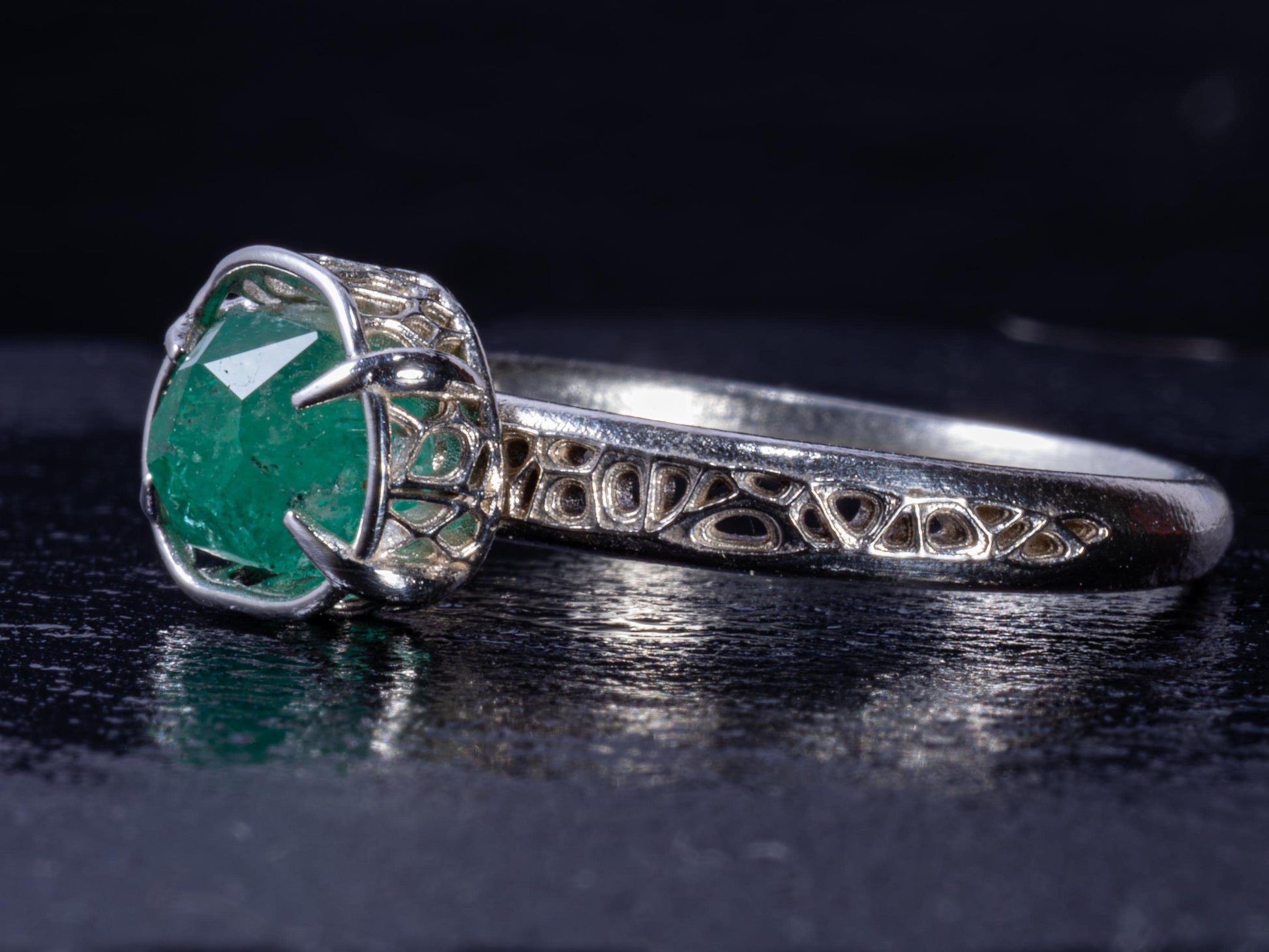 Natural Emerald Ring in Sterling Silver, Hand Cut Gemstone Ring, One of a Kind, Lattice Band, Size 7.5 
