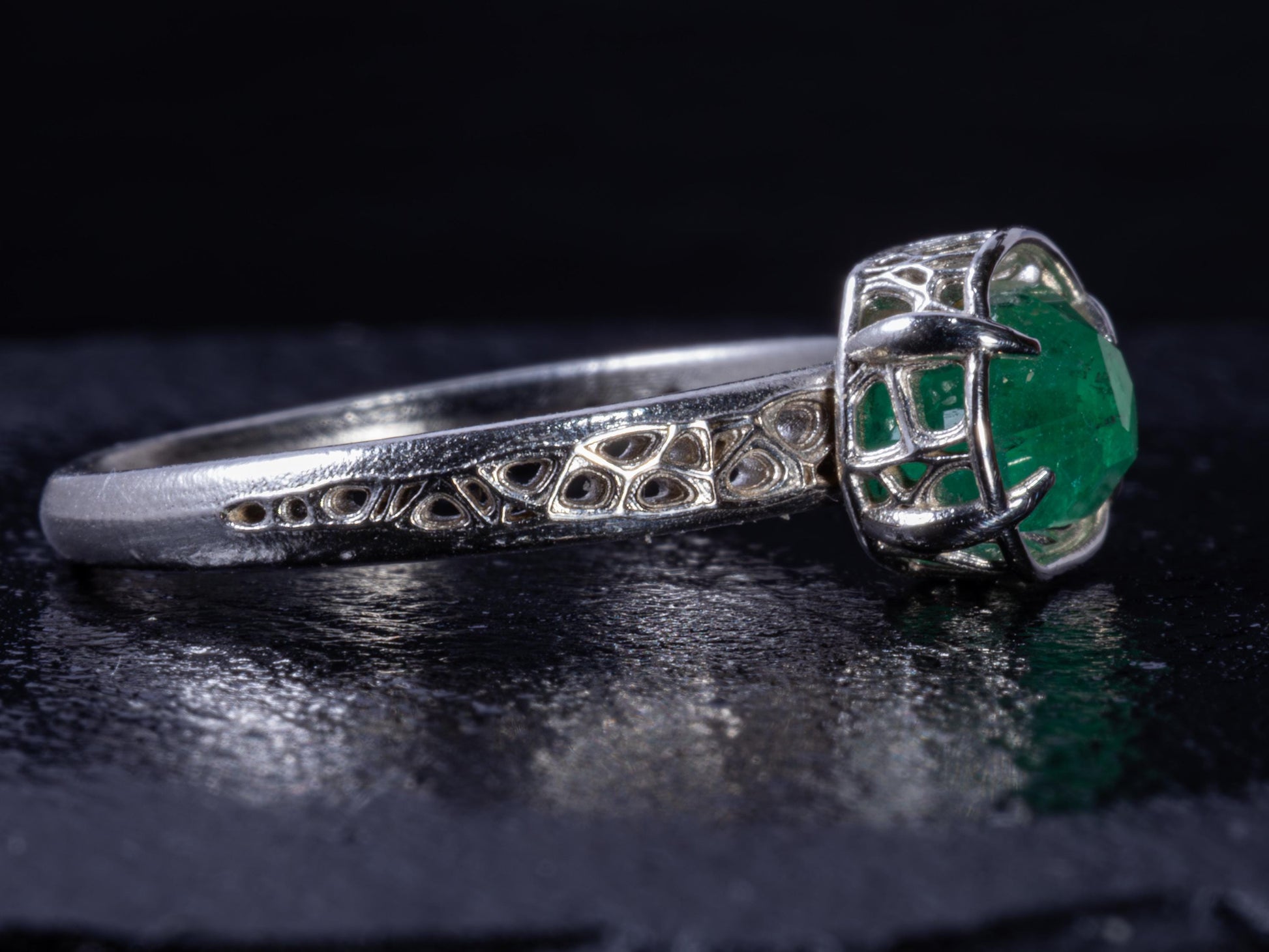 Natural Emerald Ring in Sterling Silver, Hand Cut Gemstone Ring, One of a Kind, Lattice Band, Size 7.5 