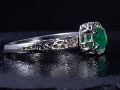 Natural Emerald Ring in Sterling Silver, Hand Cut Gemstone Ring, One of a Kind, Lattice Band, Size 7.5 