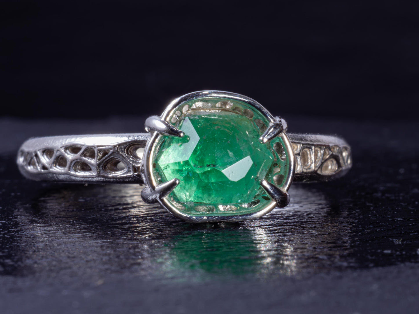 Natural Emerald Ring in Sterling Silver, Hand Cut Gemstone Ring, One of a Kind, Lattice Band, Size 7.5 