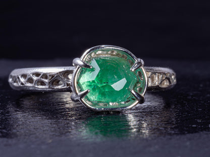 Natural Emerald Ring in Sterling Silver, Hand Cut Gemstone Ring, One of a Kind, Lattice Band, Size 7.5 