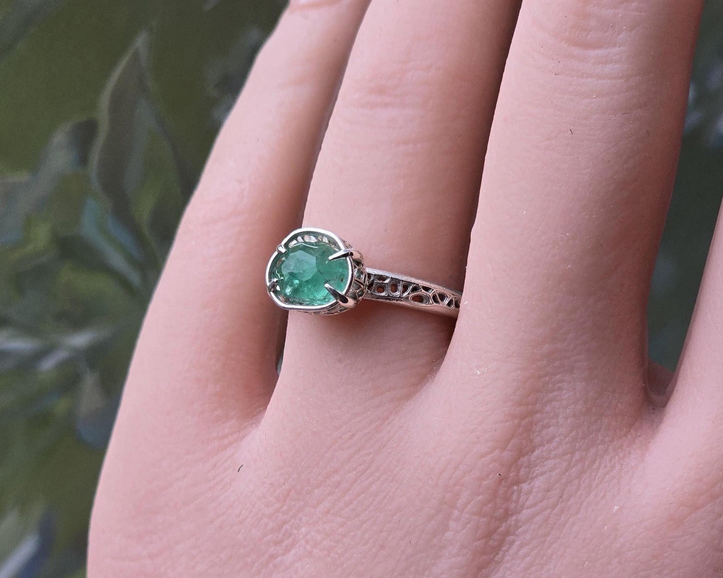 Natural Emerald Ring in Sterling Silver, Hand Cut Gemstone Ring, One of a Kind, Lattice Band, Size 7.5 