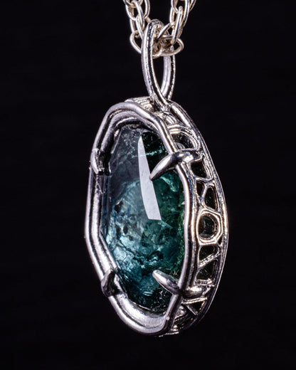 Green Blue Montana Sapphire Pendant, Hand Cut Portal Gemstone, Sterling Silver 