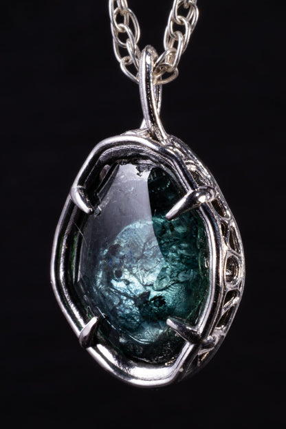 Green Blue Montana Sapphire Pendant, Hand Cut Portal Gemstone, Sterling Silver 