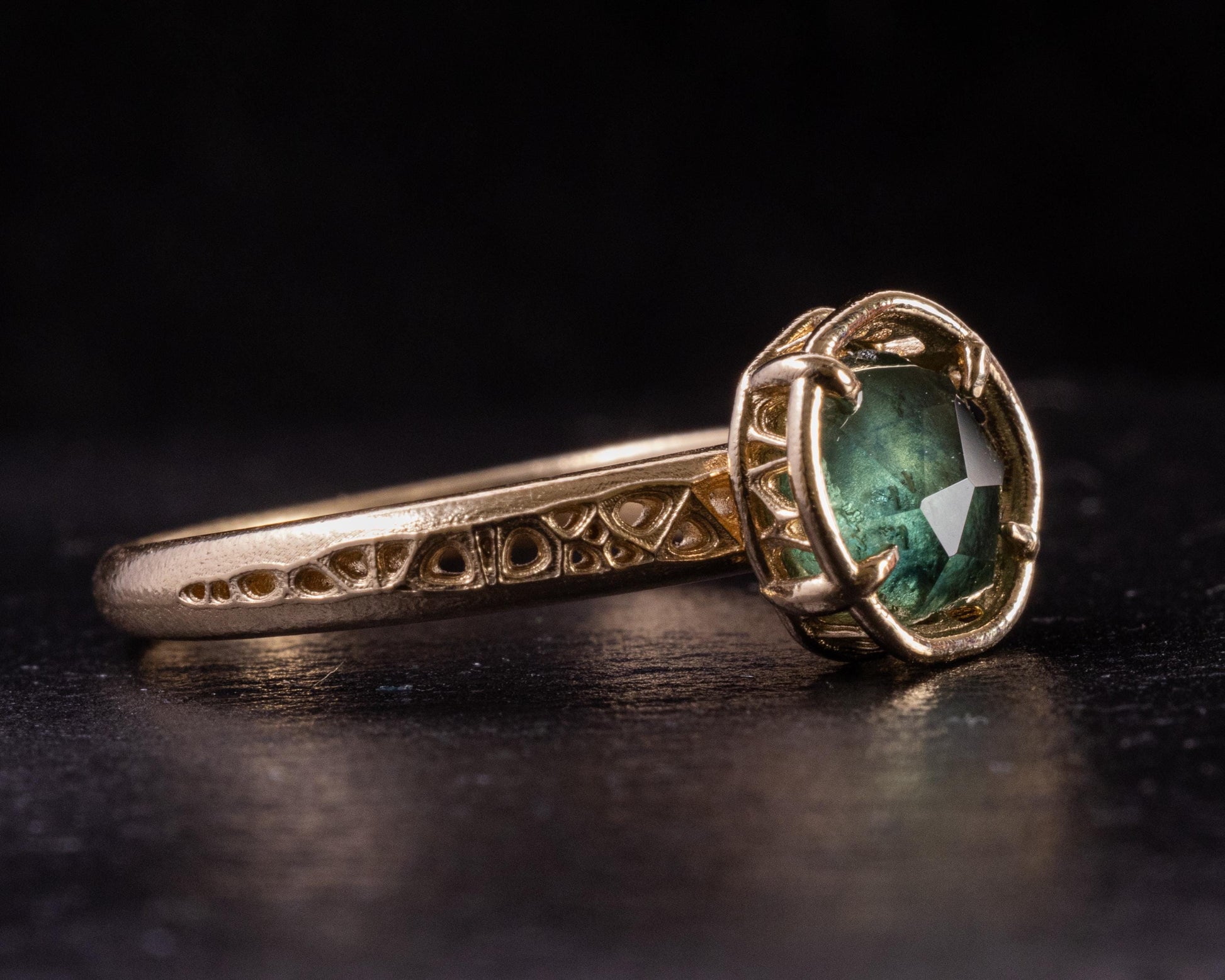 Hand Cut Montana Sapphire Ring – Teal Green Sapphire in 14k Gold – One of a Kind Sapphire Ring – Size 7.5 1068 