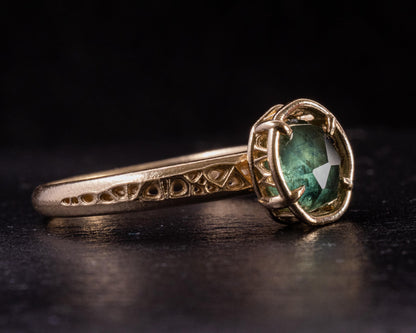Hand Cut Montana Sapphire Ring – Teal Green Sapphire in 14k Gold – One of a Kind Sapphire Ring – Size 7.5 1068 