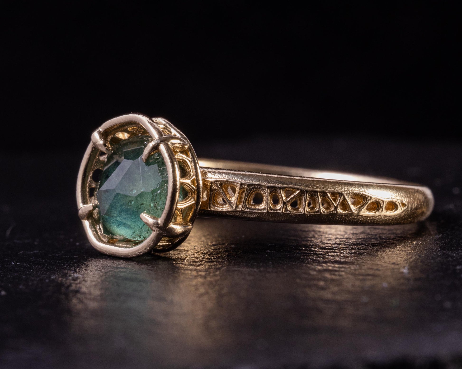 Hand Cut Montana Sapphire Ring – Teal Green Sapphire in 14k Gold – One of a Kind Sapphire Ring – Size 7.5 1068 