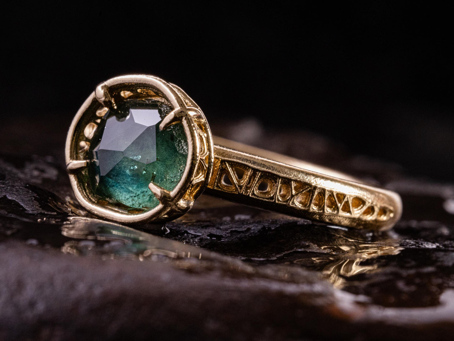 Hand Cut Montana Sapphire Ring – Teal Green Sapphire in 14k Gold – One of a Kind Sapphire Ring – Size 7.5 1068 