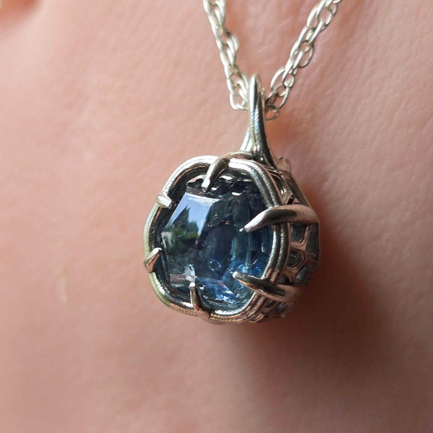 Montana Sapphire Pendant in Sterling Silver, Portal Cut, 6.18 Carat, Blue Green Stone, One of a Kind 