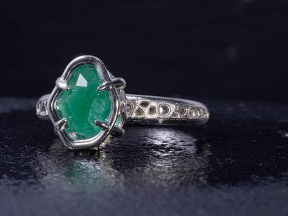 Natural Emerald Ring in Sterling Silver, Hand Cut Gemstone Ring, One of a Kind, Lattice Band, Size 6 