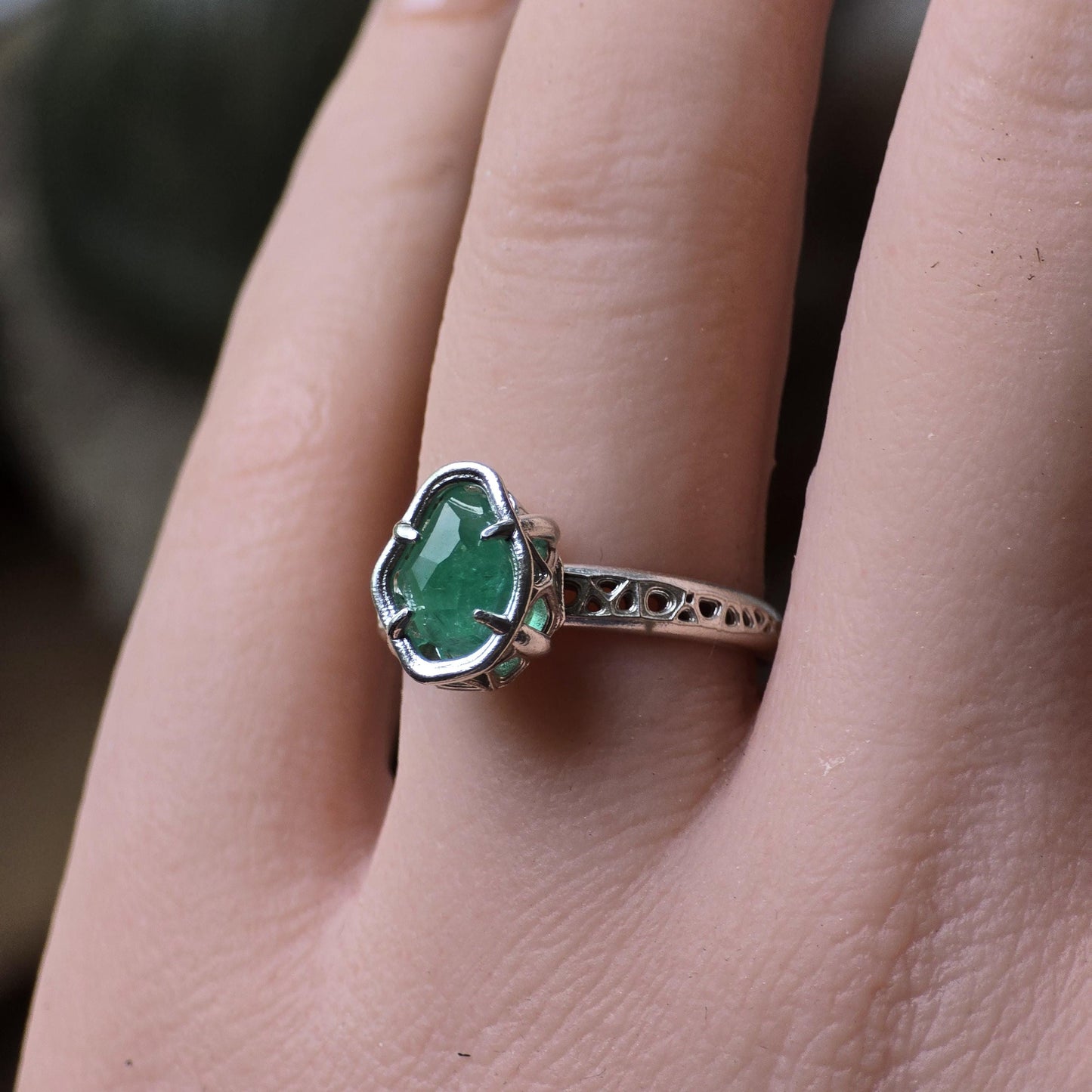 Natural Emerald Ring in Sterling Silver, Hand Cut Gemstone Ring, One of a Kind, Lattice Band, Size 6 
