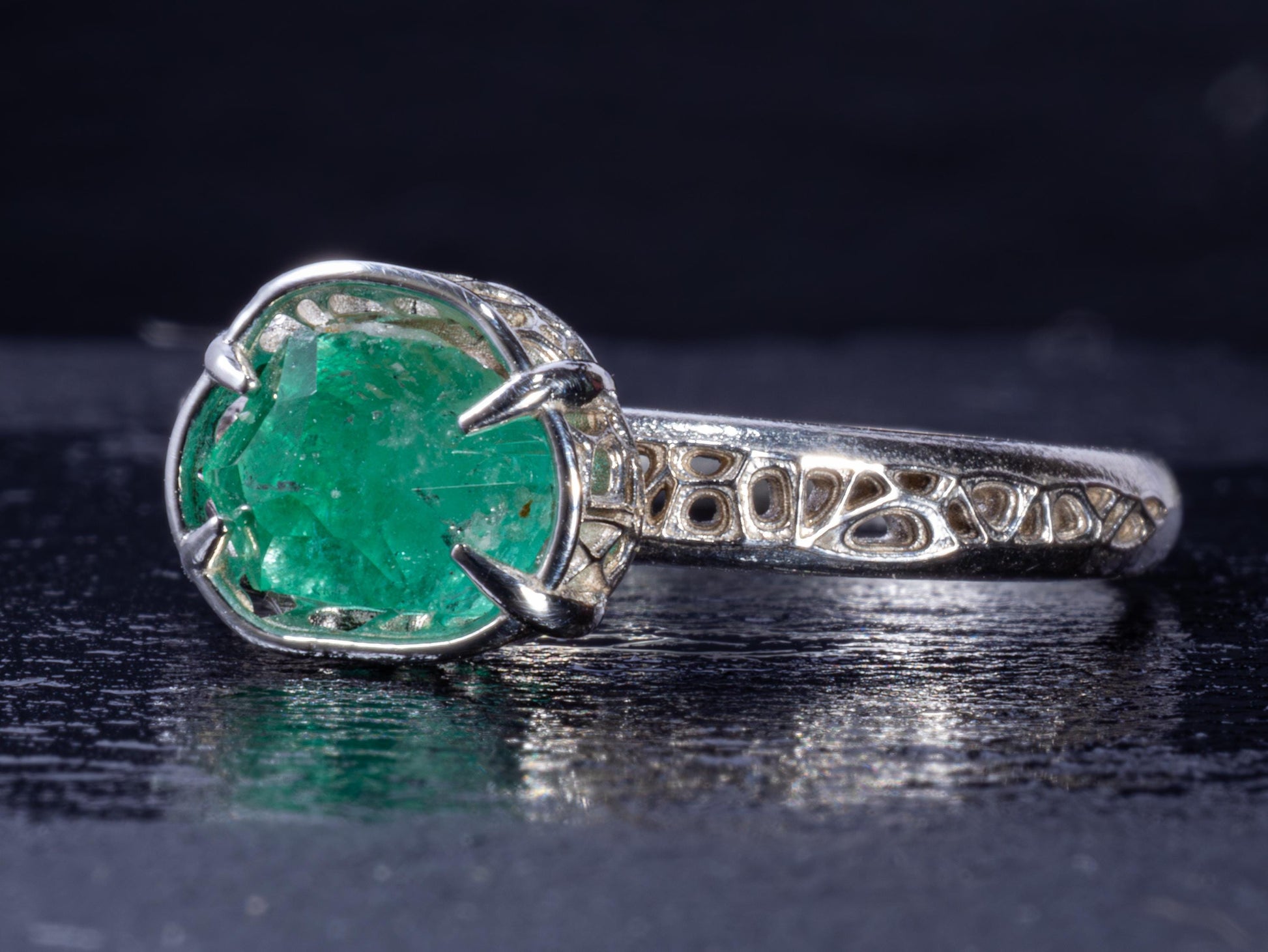 Natural Emerald Ring in Sterling Silver, Hand Cut Gemstone Ring, One of a Kind, Lattice Band, Size 7.5 