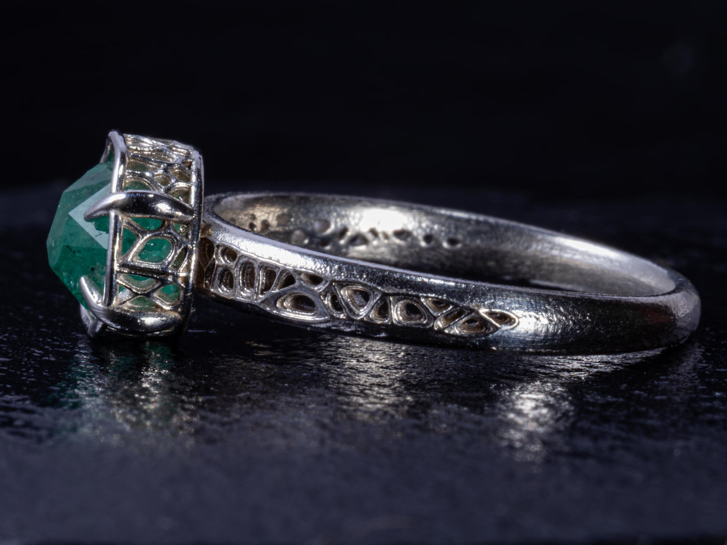 Natural Emerald Ring in Sterling Silver, Hand Cut Gemstone Ring, One of a Kind, Lattice Band, Size 7.5 