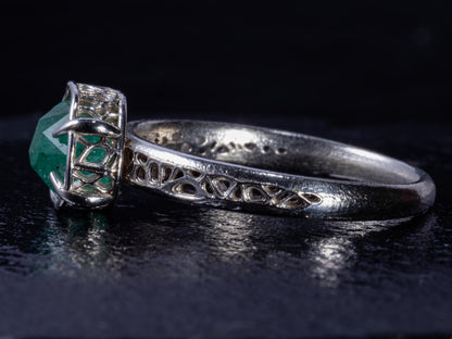 Natural Emerald Ring in Sterling Silver, Hand Cut Gemstone Ring, One of a Kind, Lattice Band, Size 7.5 