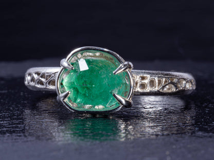 Natural Emerald Ring in Sterling Silver, Hand Cut Gemstone Ring, One of a Kind, Lattice Band, Size 7.5 