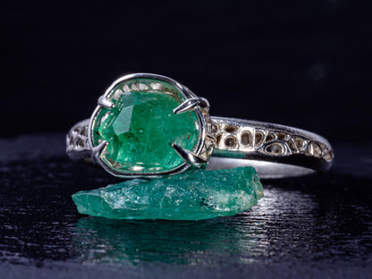Natural Emerald Ring in Sterling Silver, Hand Cut Gemstone Ring, One of a Kind, Lattice Band, Size 7.5 