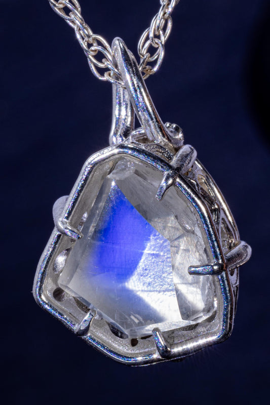 Rainbow Moonstone Pendant in Sterling Silver, Portal Cut, Blue Flash, One of a Kind 