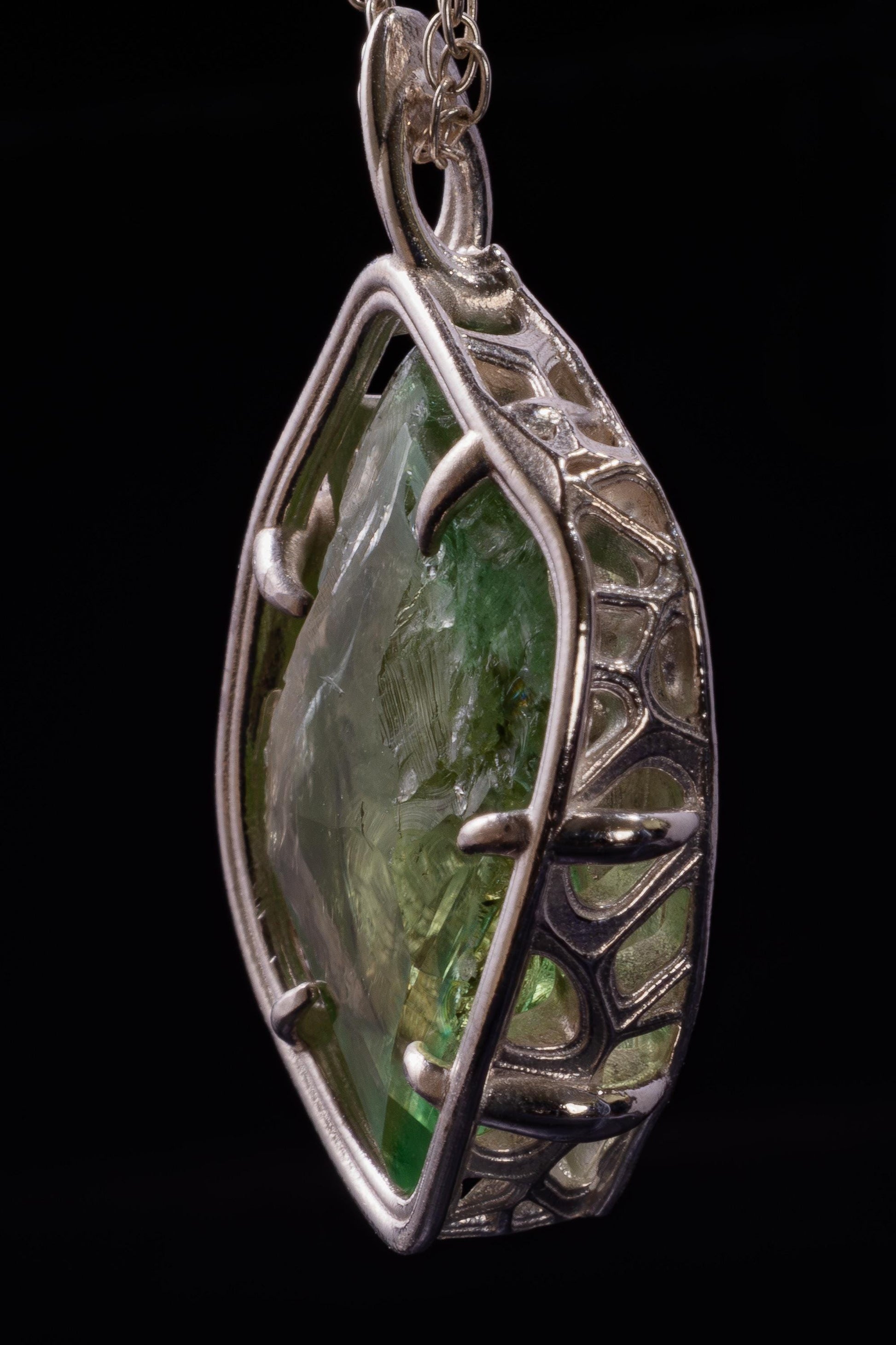 Hand Faceted Hiddenite Pendant, Sterling Silver Green Spodumene Necklace 