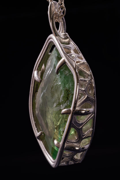 Hand Faceted Hiddenite Pendant, Sterling Silver Green Spodumene Necklace 