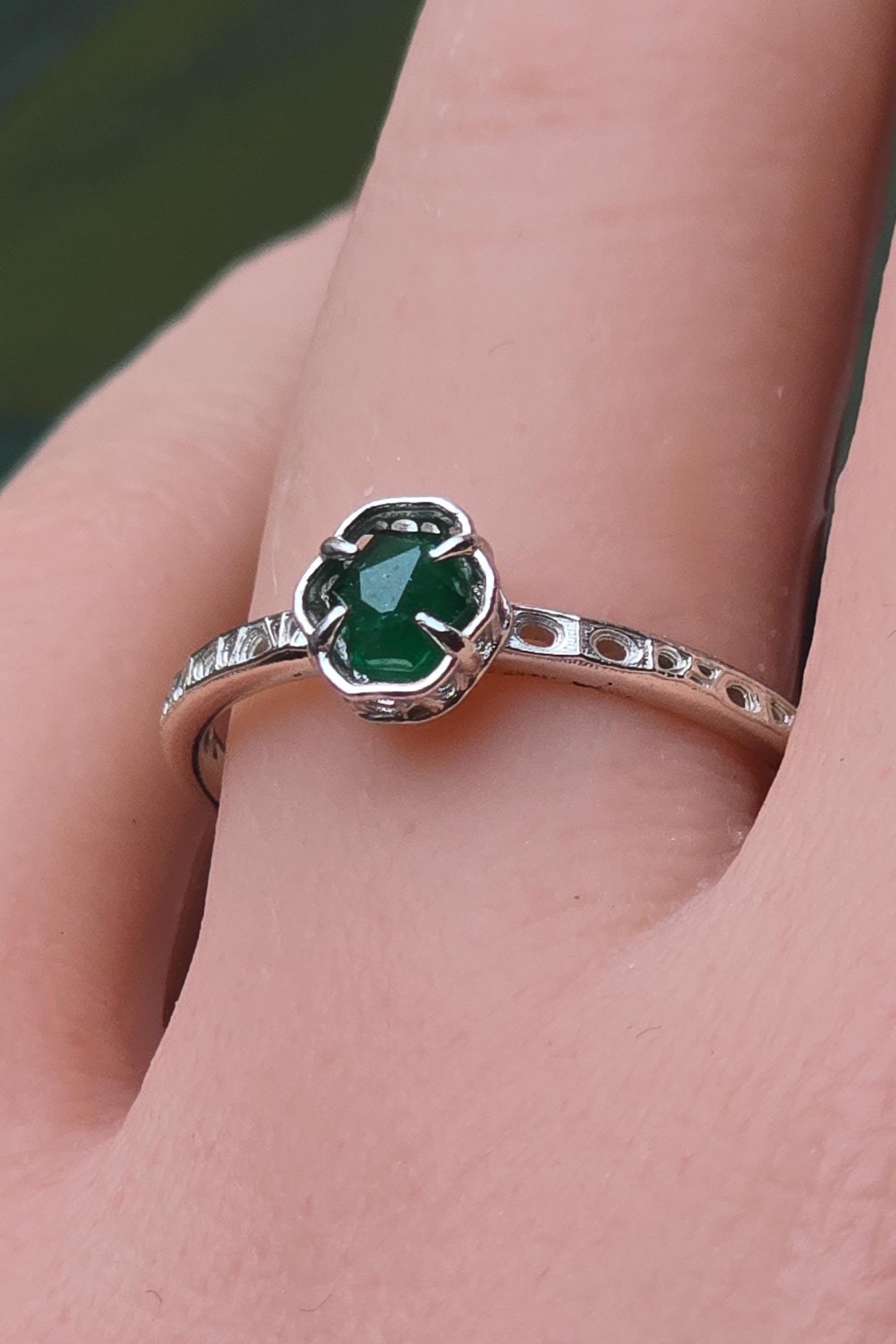 Emerald Ring in Sterling Silver, Petite Green Gemstone Ring, Minimalist Stacking 