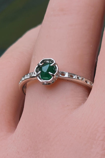 Emerald Ring in Sterling Silver, Petite Green Gemstone Ring, Minimalist Stacking 