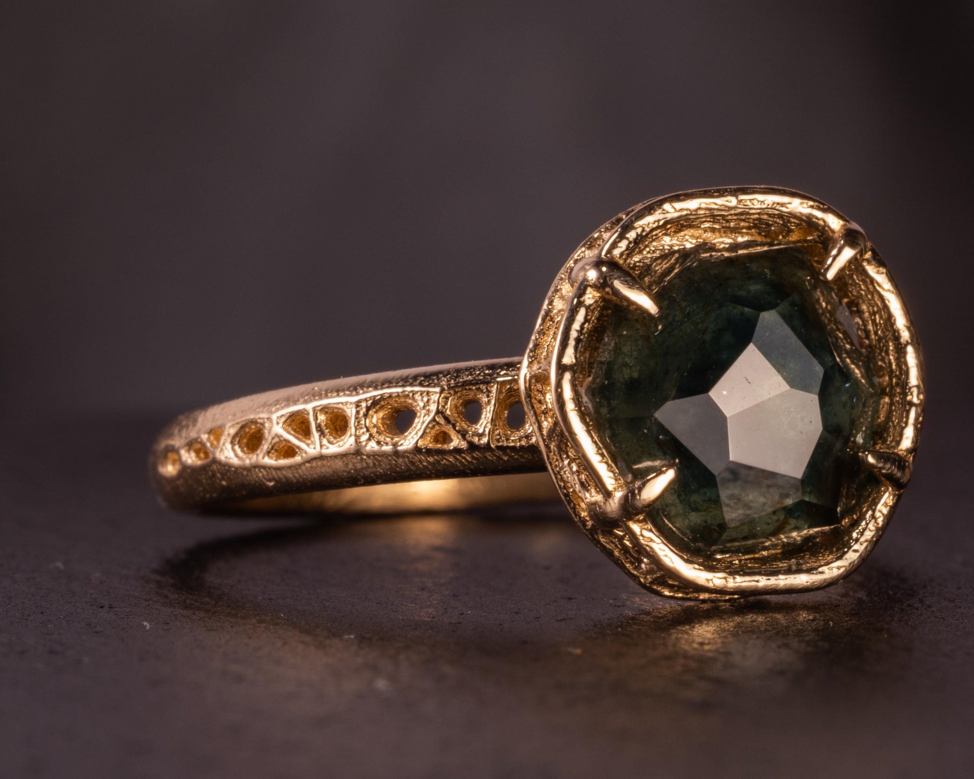 Deep Green Montana Sapphire Ring in 14k Yellow Gold, Hand-Finished Lattice, One of a Kind 