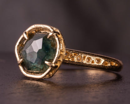 Deep Green Montana Sapphire Ring in 14k Yellow Gold, Hand-Finished Lattice, One of a Kind 