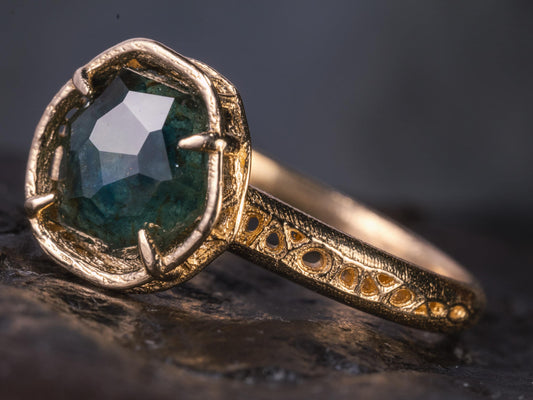 Deep Green Montana Sapphire Ring in 14k Yellow Gold, Hand-Finished Lattice, One of a Kind 