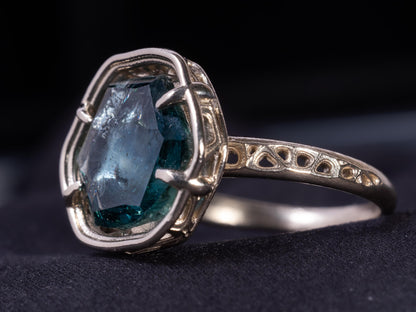 Large Montana Sapphire Ring 5.22ct in 14k White Gold, Blue Green, Handmade Ring 