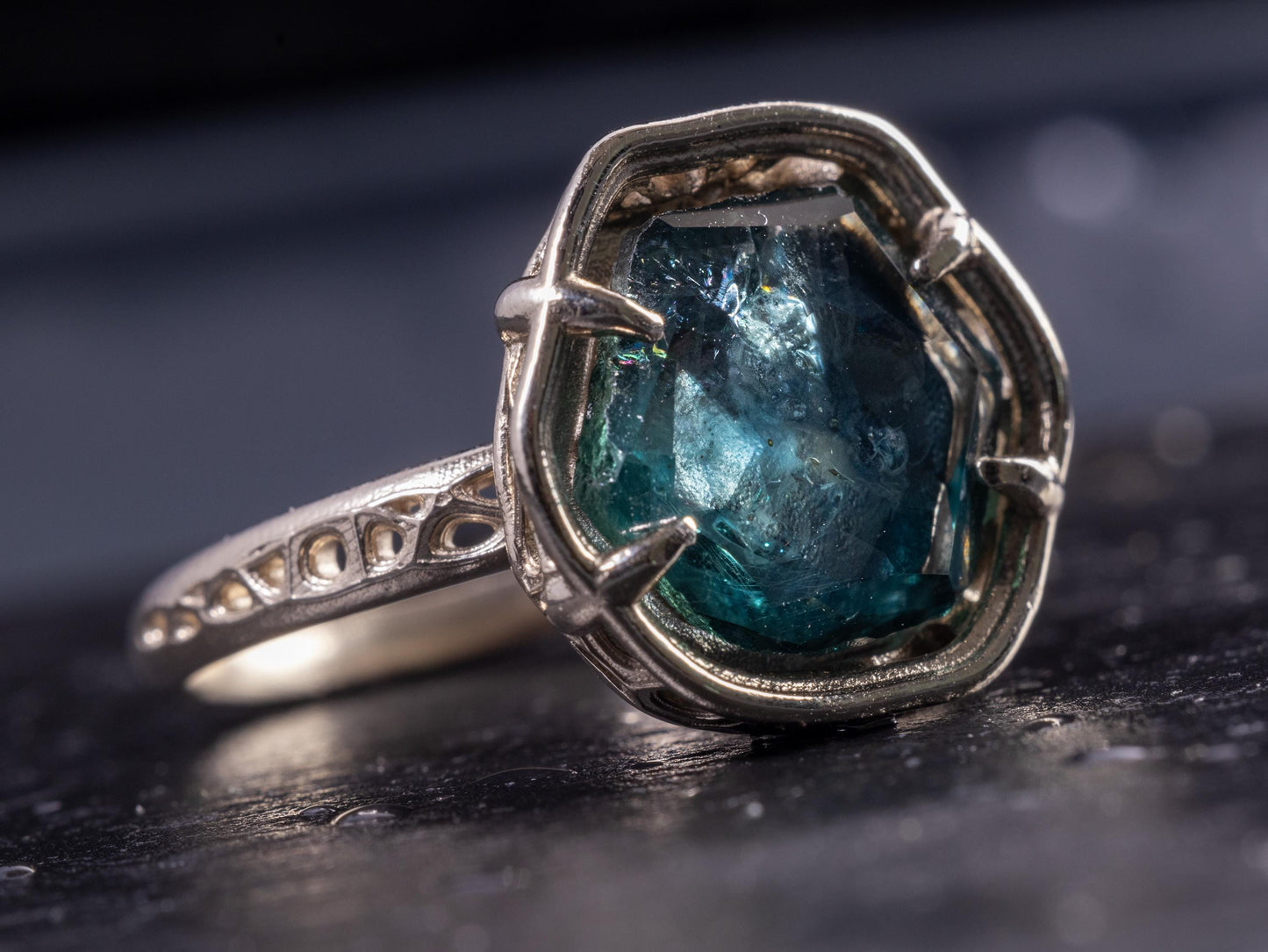 Large Montana Sapphire Ring 5.22ct in 14k White Gold, Blue Green, Handmade Ring 