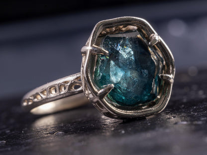 Large Montana Sapphire Ring 5.22ct in 14k White Gold, Blue Green, Handmade Ring 