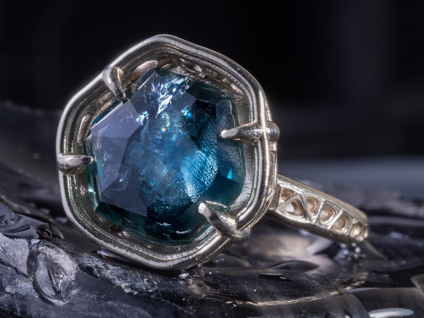 Large Montana Sapphire Ring 5.22ct in 14k White Gold, Blue Green, Handmade Ring 