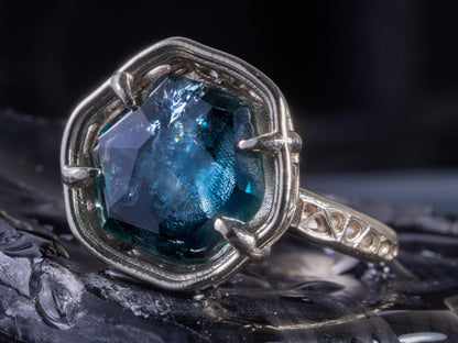 Large Montana Sapphire Ring 5.22ct in 14k White Gold, Blue Green, Handmade Ring 