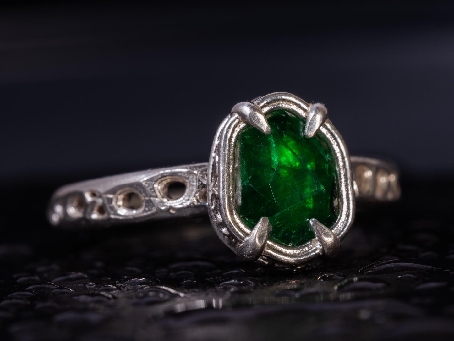 Hand-Cut Emerald Ring in Sterling Silver OOAK Artisan Gemstone Ring 