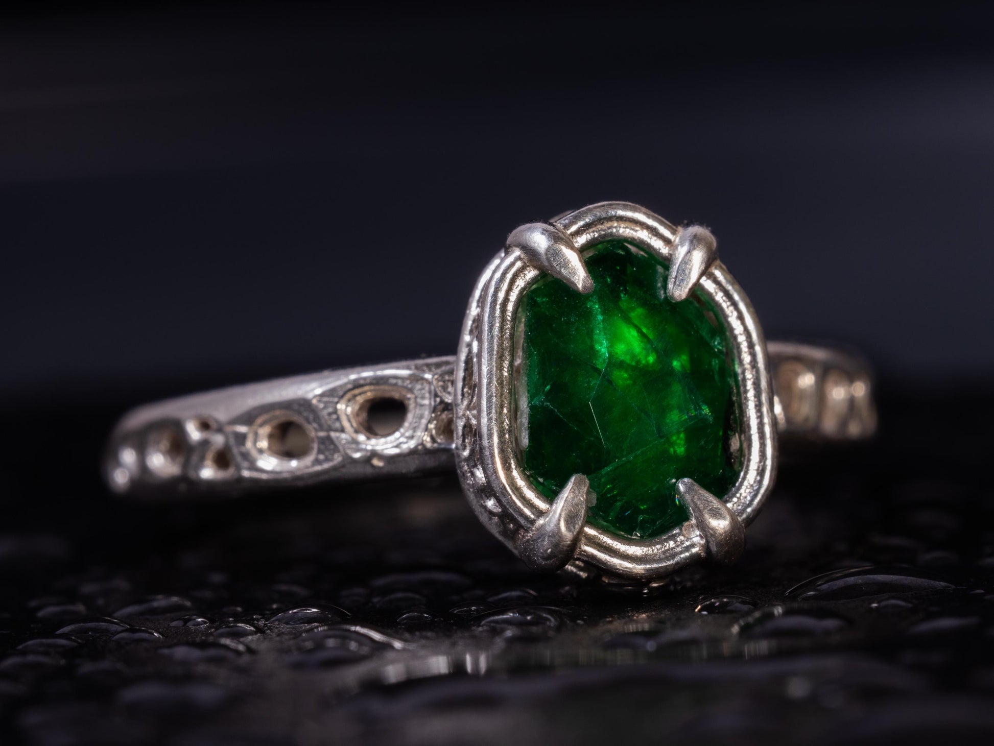 Hand-Cut Emerald Ring in Sterling Silver OOAK Artisan Gemstone Ring 