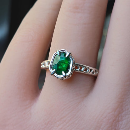 Hand-Cut Emerald Ring in Sterling Silver OOAK Artisan Gemstone Ring 