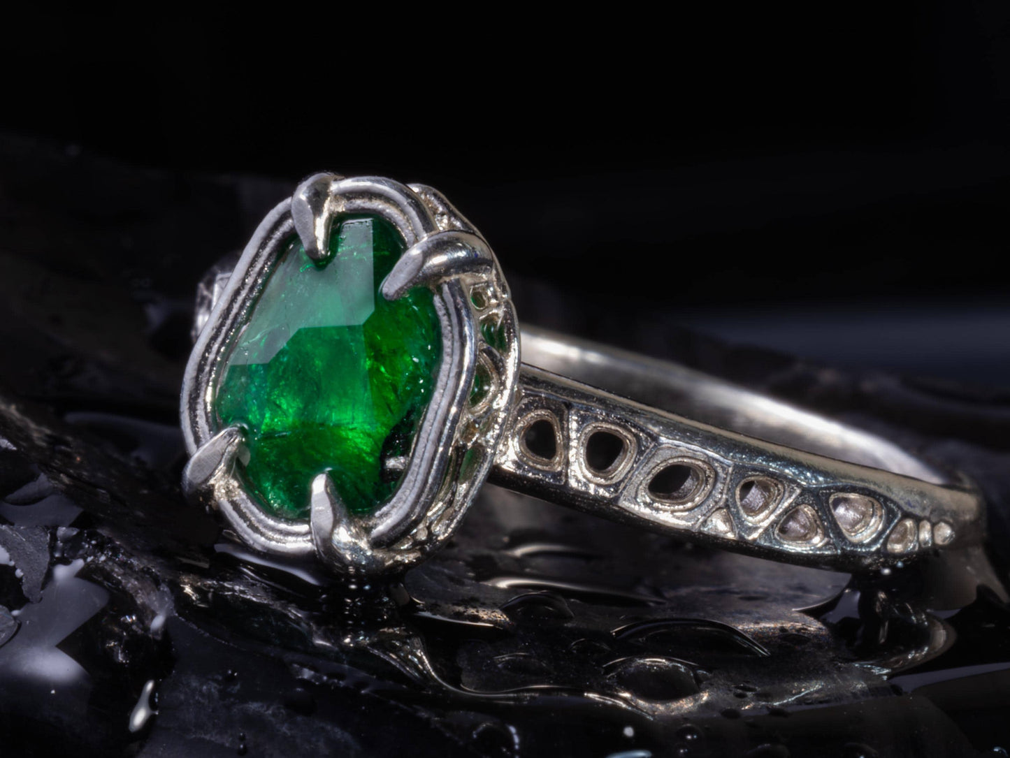 Hand-Cut Emerald Ring in Sterling Silver OOAK Artisan Gemstone Ring 