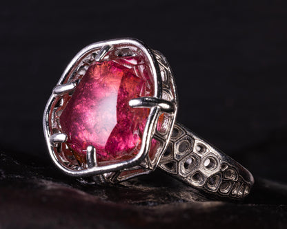 Portal Cut Pink Tourmaline Ring – Hand Cut Gemstone – Sterling Silver – One of a Kind – Size 8.5 
