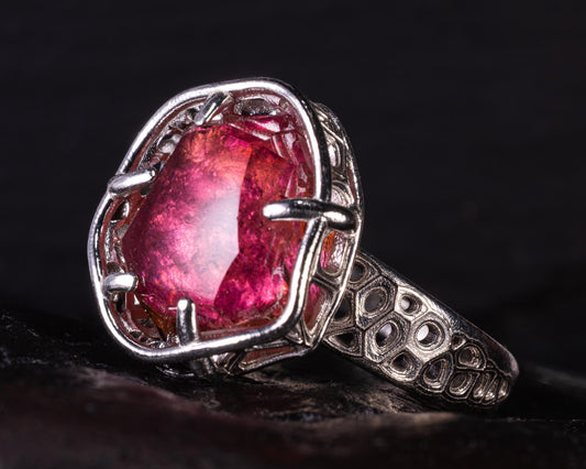 Portal Cut Pink Tourmaline Ring – Hand Cut Gemstone – Sterling Silver – One of a Kind – Size 8.5 