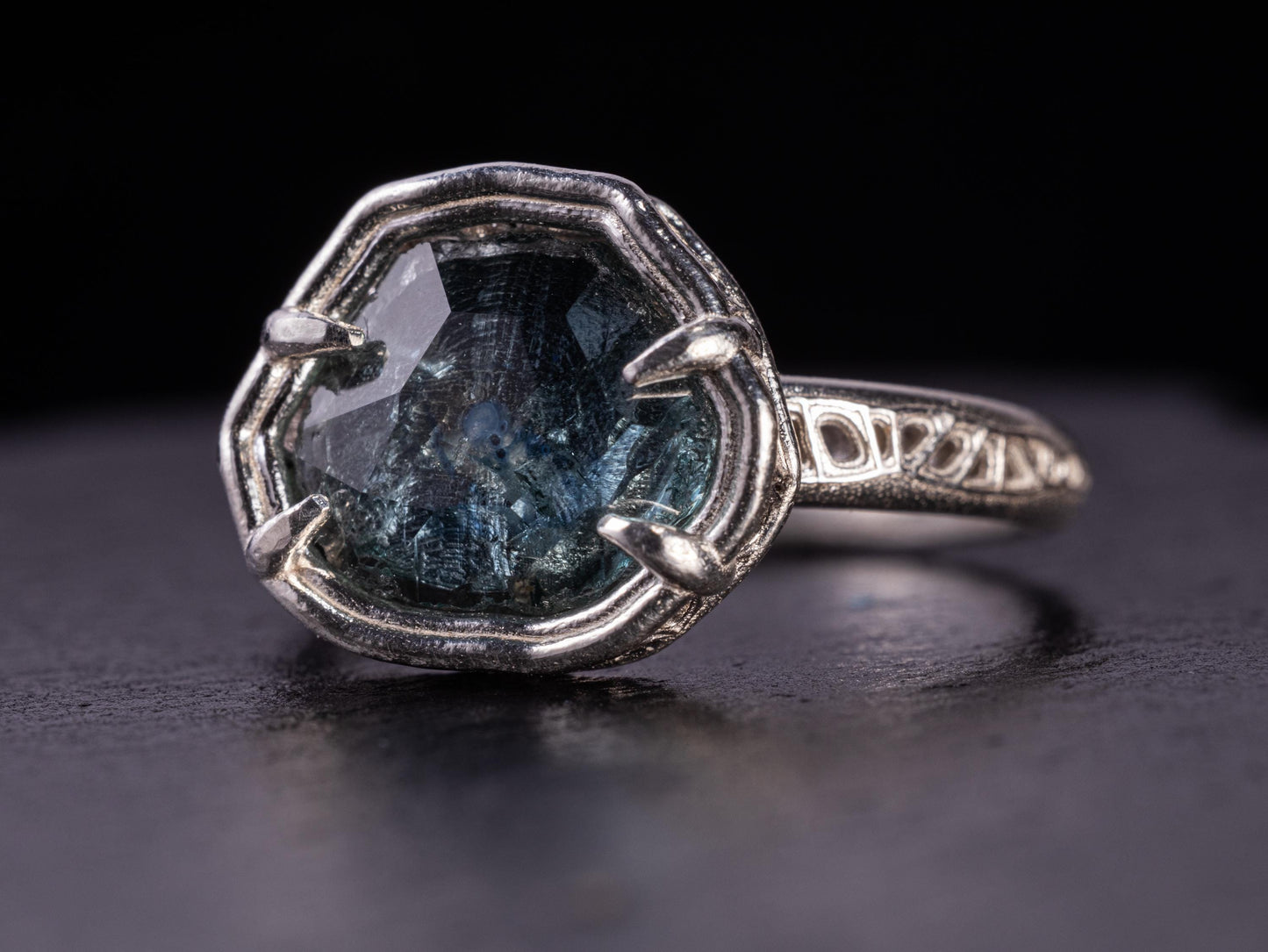 Hand Cut Montana Sapphire Ring – Blue Teal Sapphire – Sterling Silver – One of a Kind – Size 5.75 
