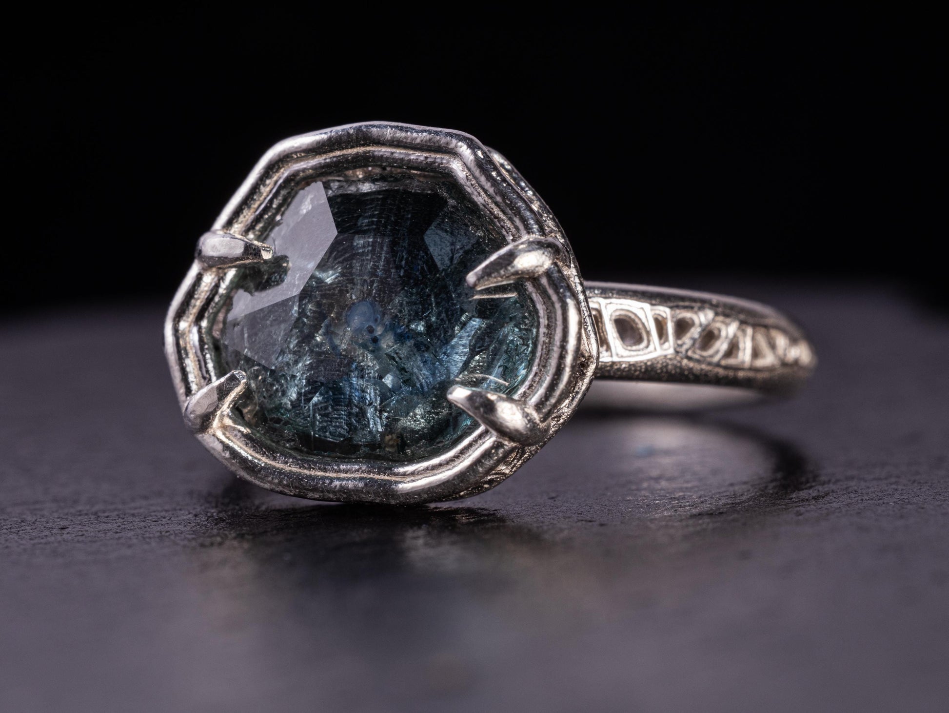 Hand Cut Montana Sapphire Ring – Blue Teal Sapphire – Sterling Silver – One of a Kind – Size 5.75 