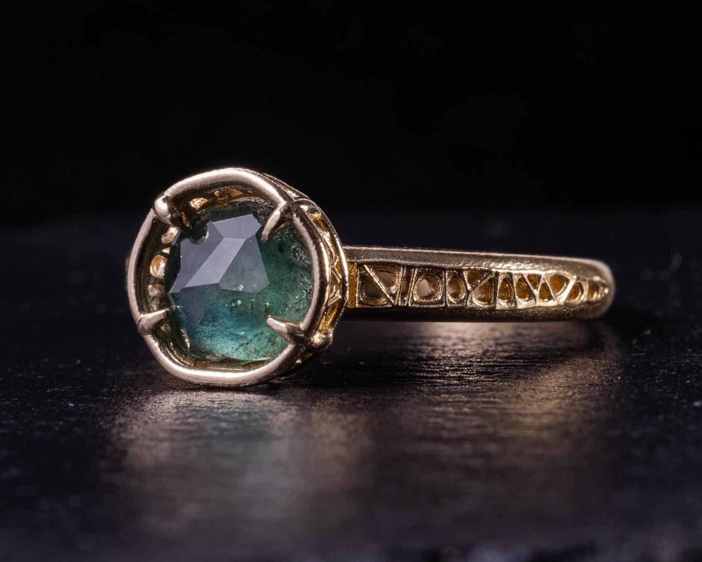 Hand Cut Montana Sapphire Ring – Teal Green Sapphire in 14k Gold – One of a Kind Sapphire Ring – Size 7.5 1068 