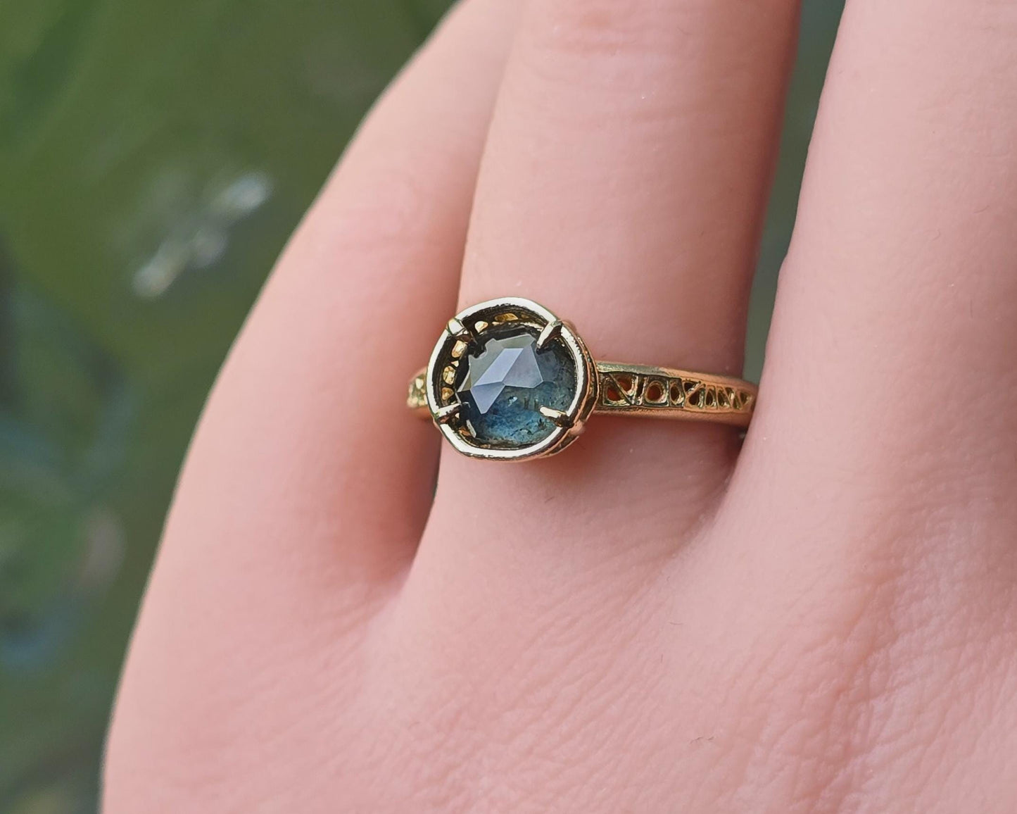 Hand Cut Montana Sapphire Ring – Teal Green Sapphire in 14k Gold – One of a Kind Sapphire Ring – Size 7.5 1068 