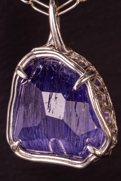 Large Tanzanite Pendant – ~6 Carat Hand Cut Tanzanite in Sterling Silver – 18mm Statement Pendant with Chain 