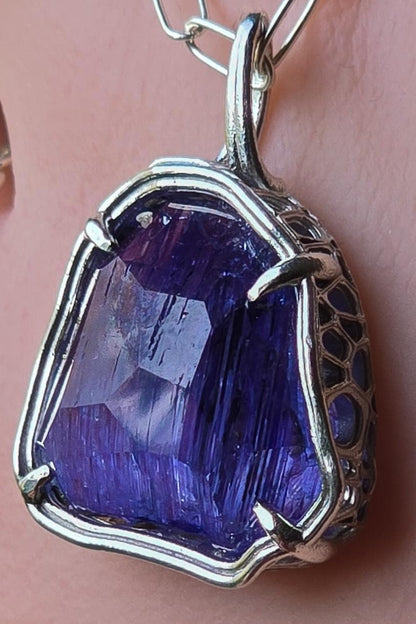 Large Tanzanite Pendant – ~6 Carat Hand Cut Tanzanite in Sterling Silver – 18mm Statement Pendant with Chain 