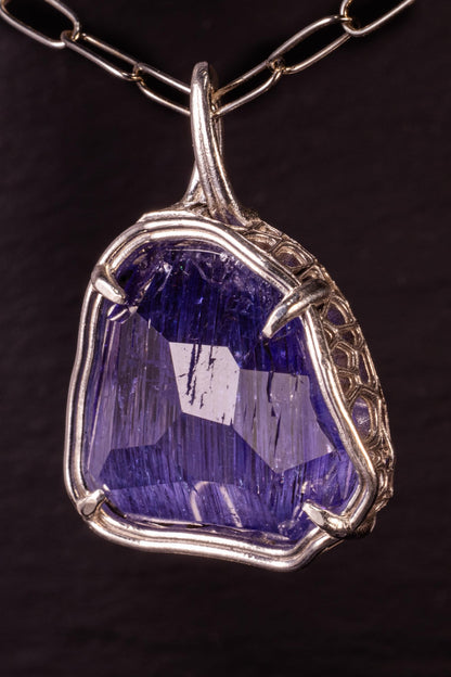 Large Tanzanite Pendant – ~6 Carat Hand Cut Tanzanite in Sterling Silver – 18mm Statement Pendant with Chain 