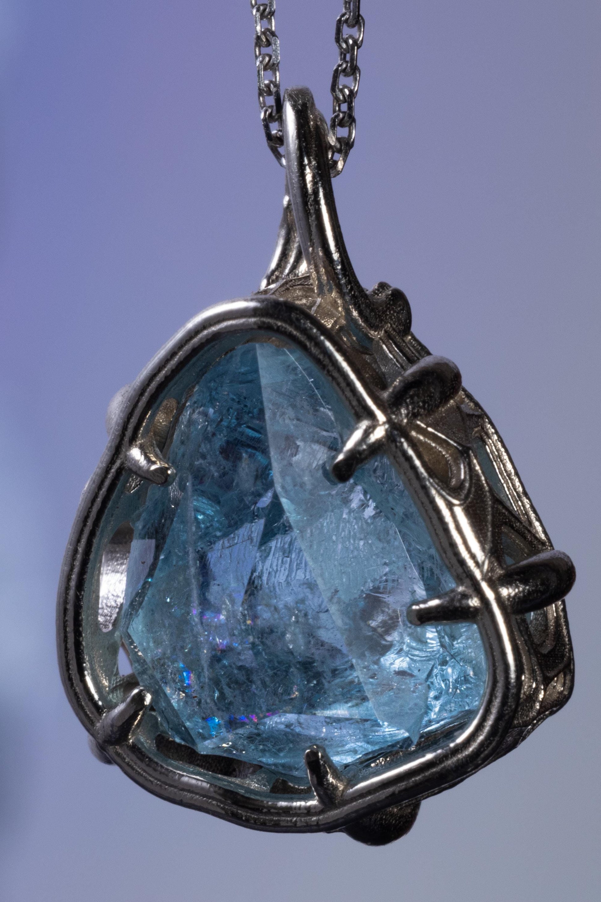 Aquamarine Pendant in 10k White Gold, Hand Cut Blue Gemstone Pendant, One of a Kind Fine Jewelry 