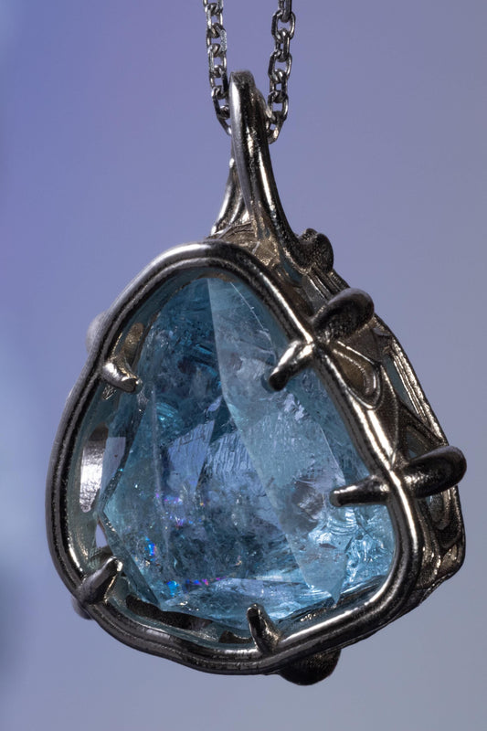 Aquamarine Pendant in 10k White Gold, Hand Cut Blue Gemstone Pendant, One of a Kind Fine Jewelry 